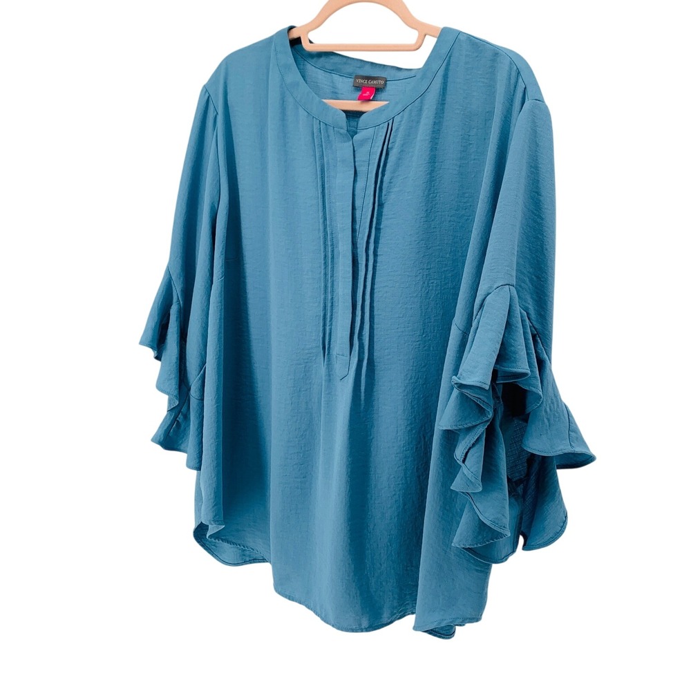 Vince Camuto Womens 3X Blue Ruffle Tiered Sleeve Pintuck Crepe Blouse Top
